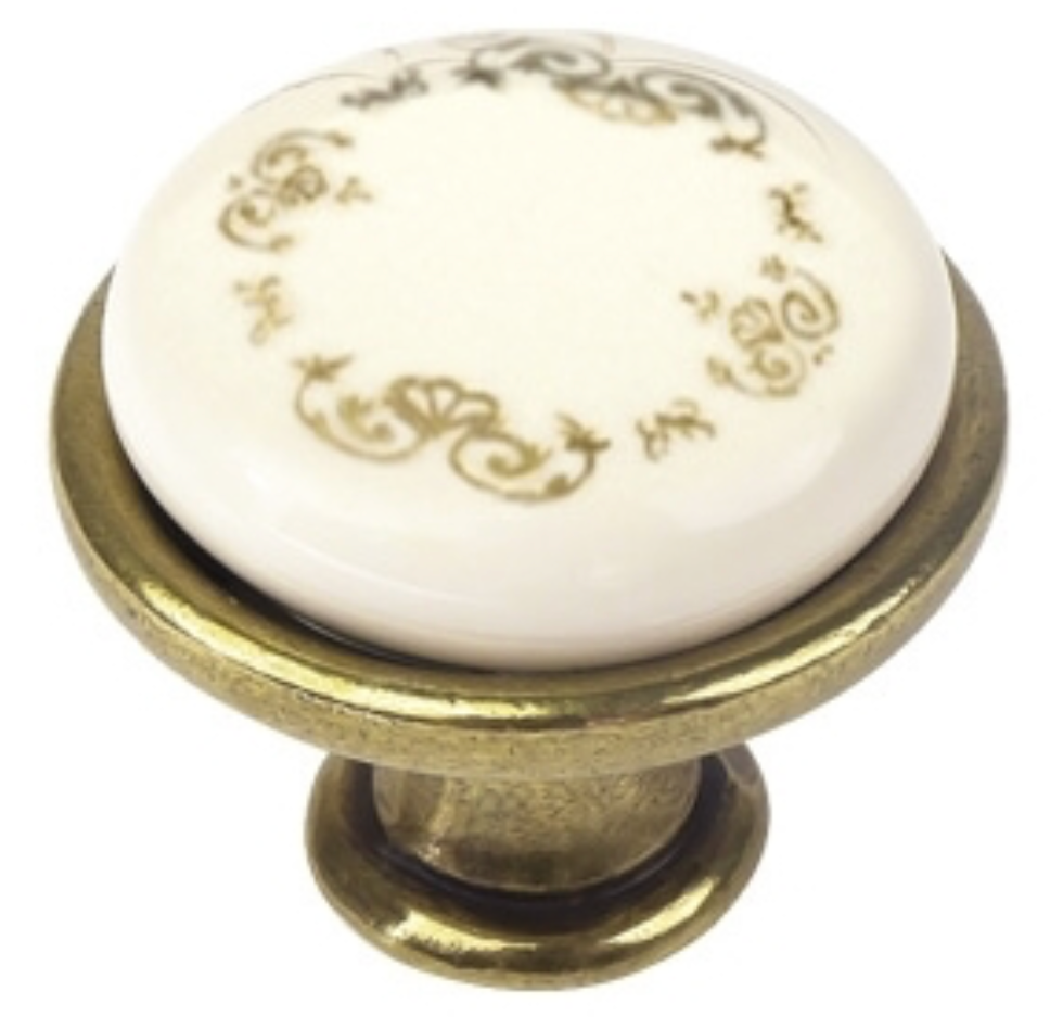 Pomo 29mm Porcelana Beige con Corona Flores Dorada - Cuero